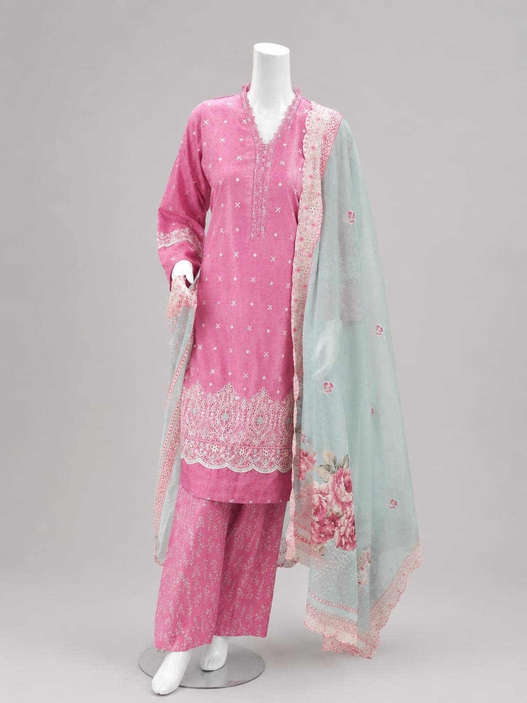 Pink embroidered stitched 3-piece suit